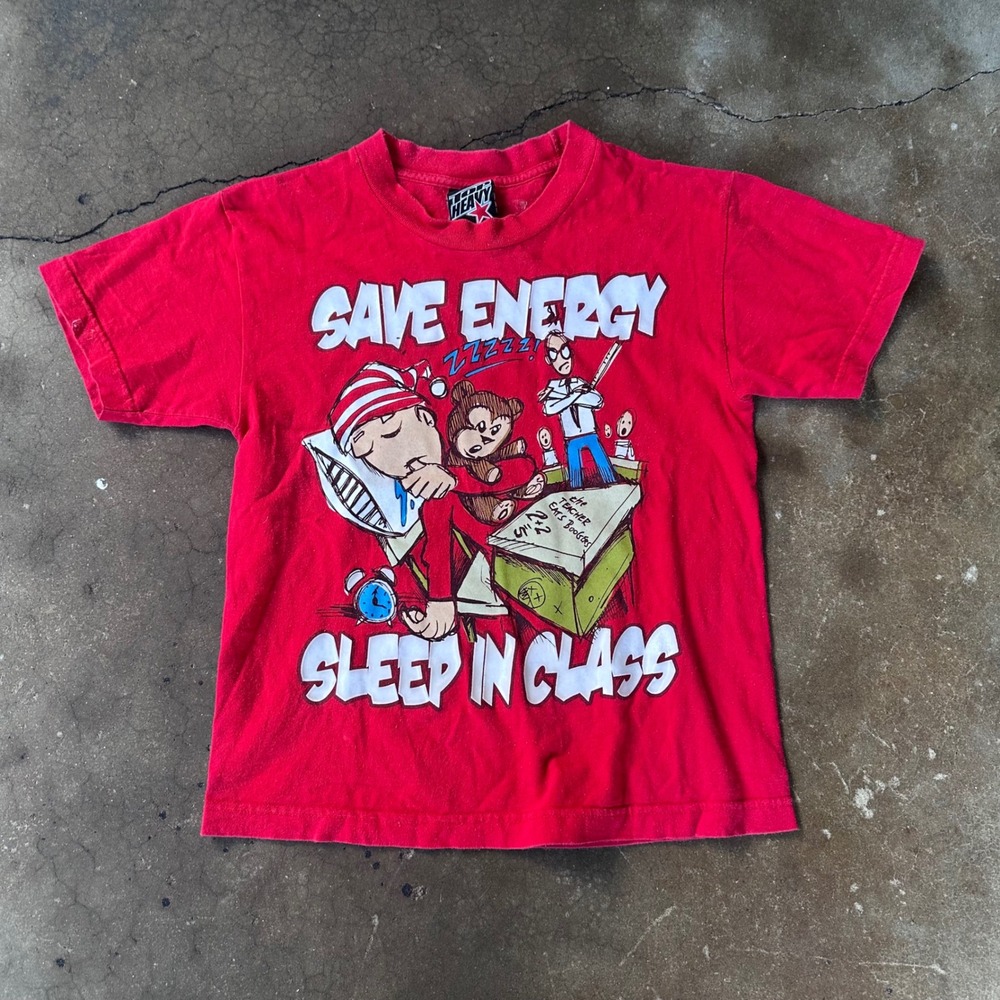 Top Heavy Graphic Tee Mens Small Red Excellent Save Energy Sleep In Class Shirt